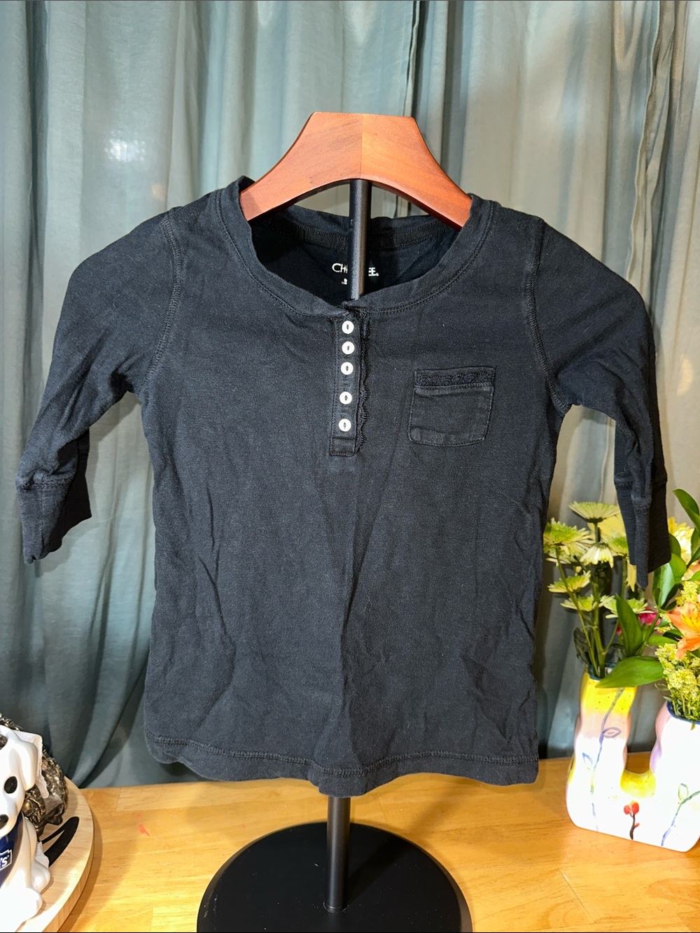Cherokee Black 3/4 Sleeve Henley Top with Chest Pocket B216